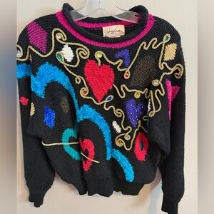 M Black 80s Vintage Jaclyn Smith Embroidered Heart Gemstone Sweater M